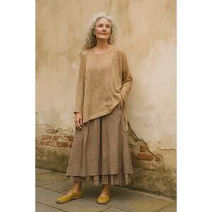 Gudrun Sjoden Linen Oversized Long Sleeve Sweater Jumper Knit Tan Top Shirt XL